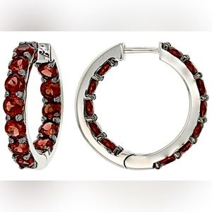 925 Silver Platinum Rhodium Plated Natural Red Garnet Hoop Earrings 6.57 CTW